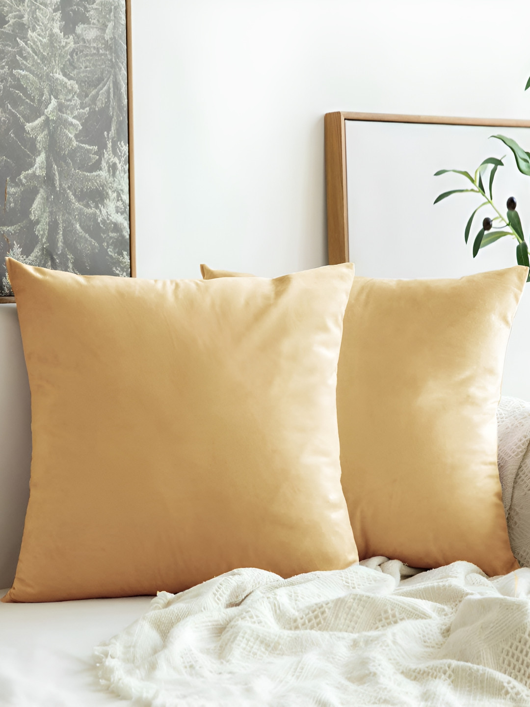 Aurave Gold Microfibre Washable 2 Piece Square Cushion Covers -16x16In