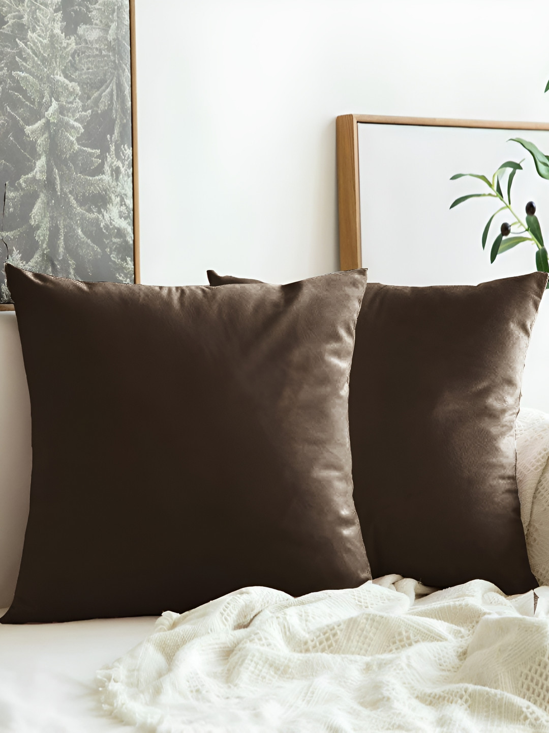 Aurave Brown Microfiber Washable 2 Piece Square Cushion Covers -16x16In