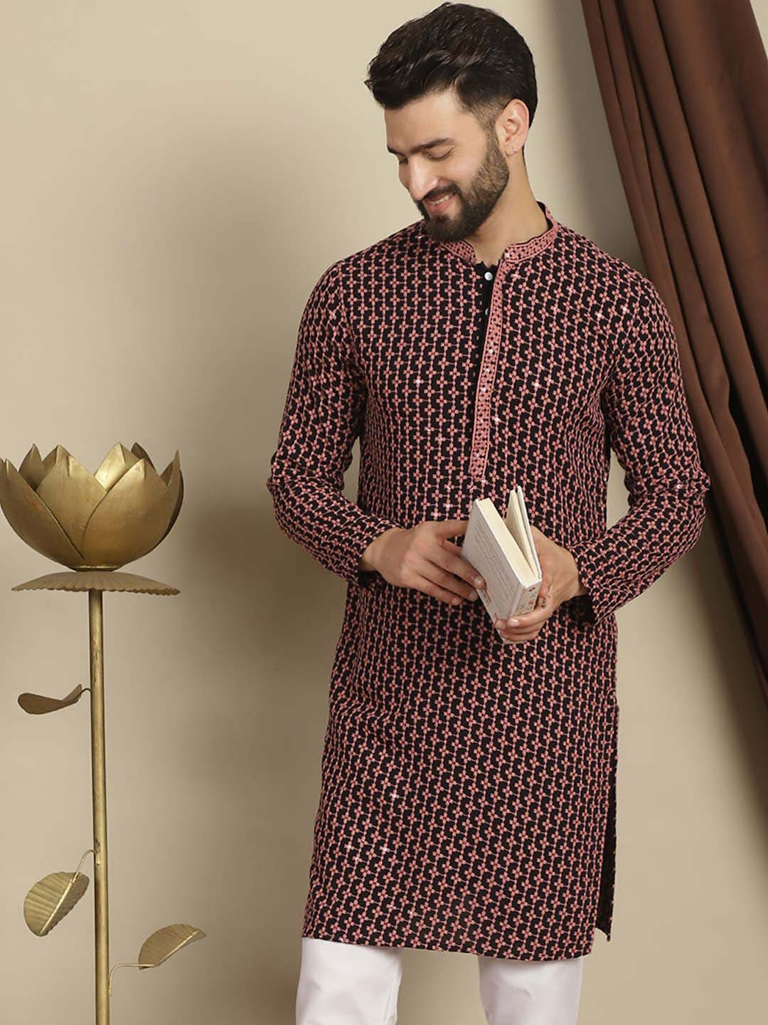 Anouk Coral Geometric Embroidered Mandarin Collar Long Sleeves Sequinned Cotton Kurta