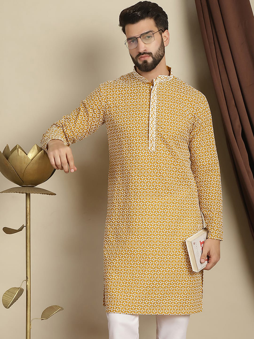 Anouk Mustard Yellow Geometric Embroidered Mandarin Collar Pure Cotton Straight Kurta