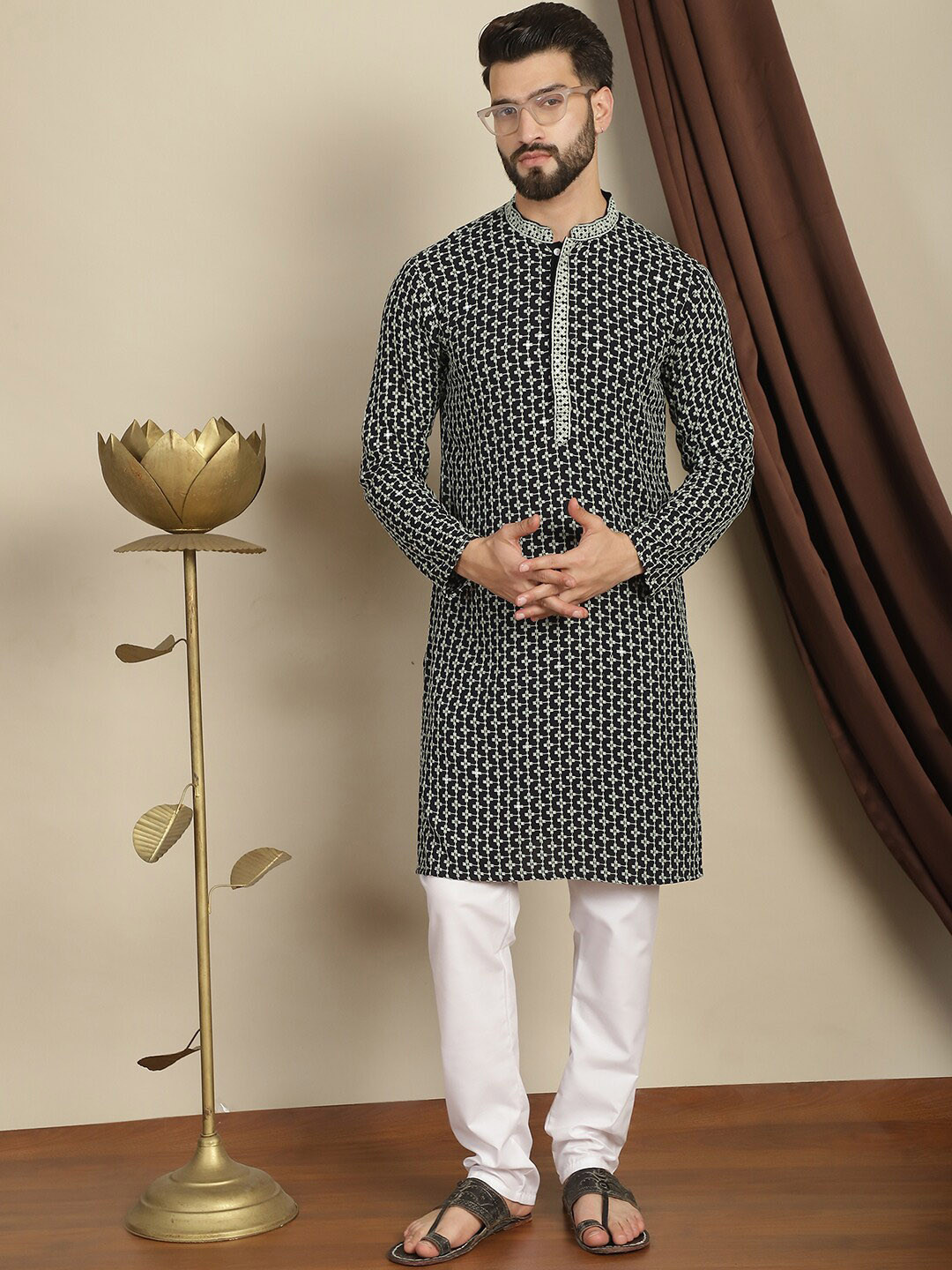 Anouk Green Thread Work Embroidered Pure Cotton Straight Kurta With Churidar