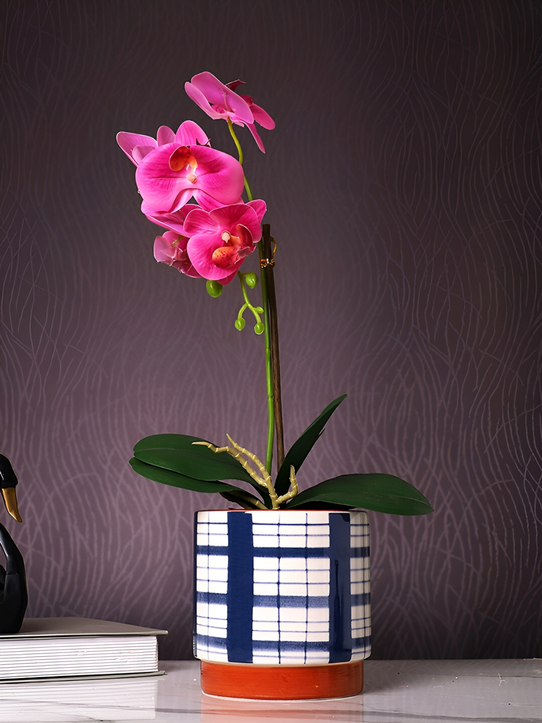 TAYHAA Blue & White Checked Ceramic Planter