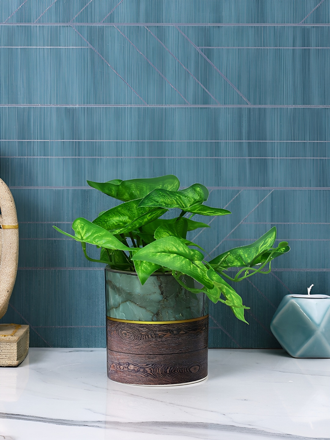 TAYHAA Green & Brown Textured Ceramic Planter