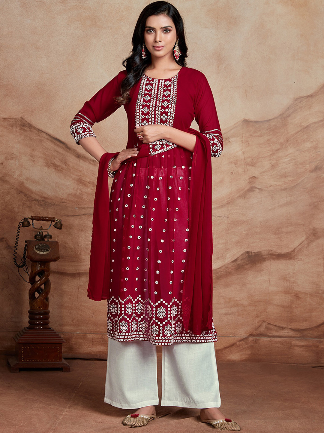 Sangria Embroidered Mirror Work Naira Cut Kurta With Palazzo & Dupatta