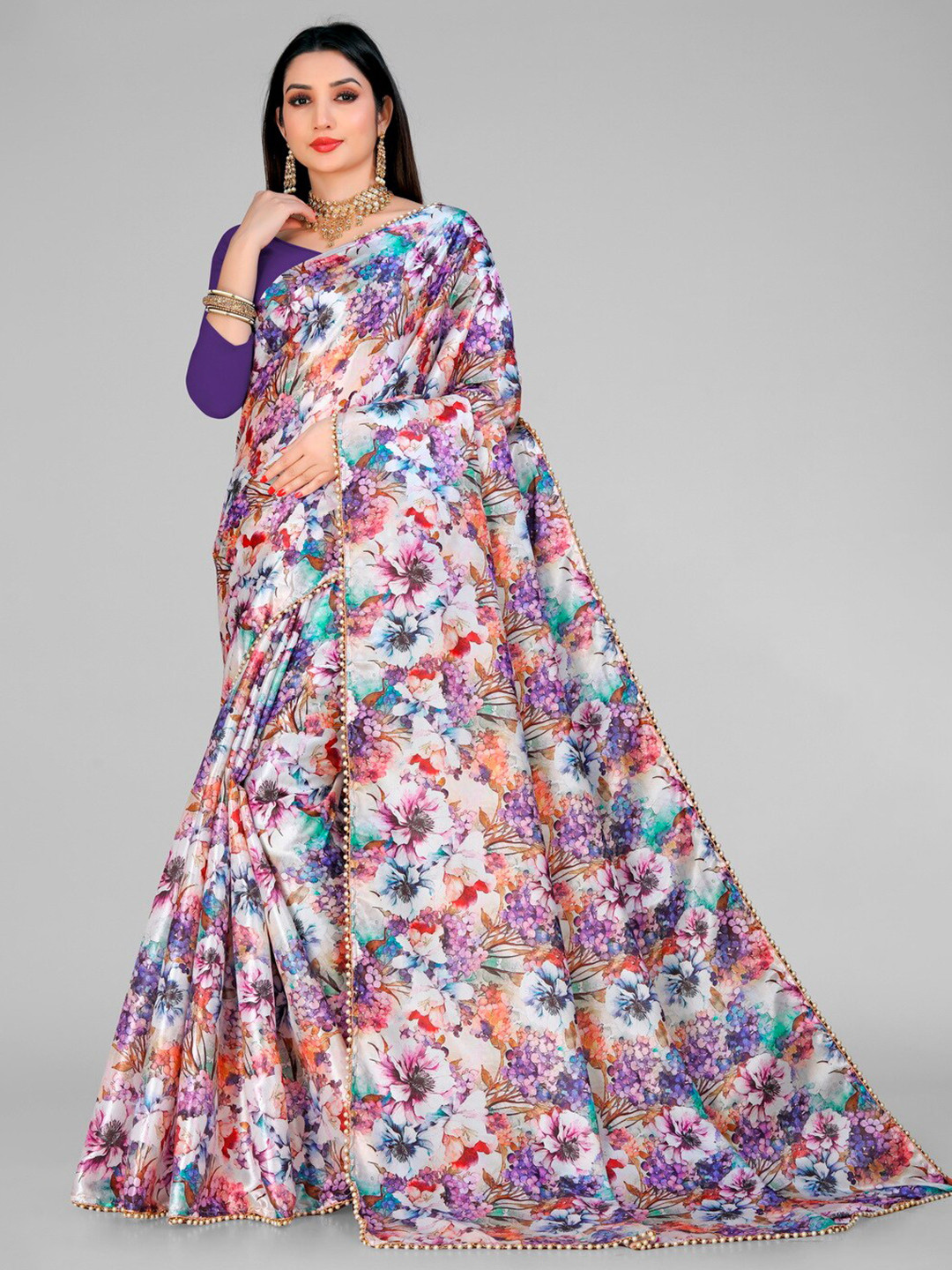 vanraj creation Floral Printed Satin Sarees