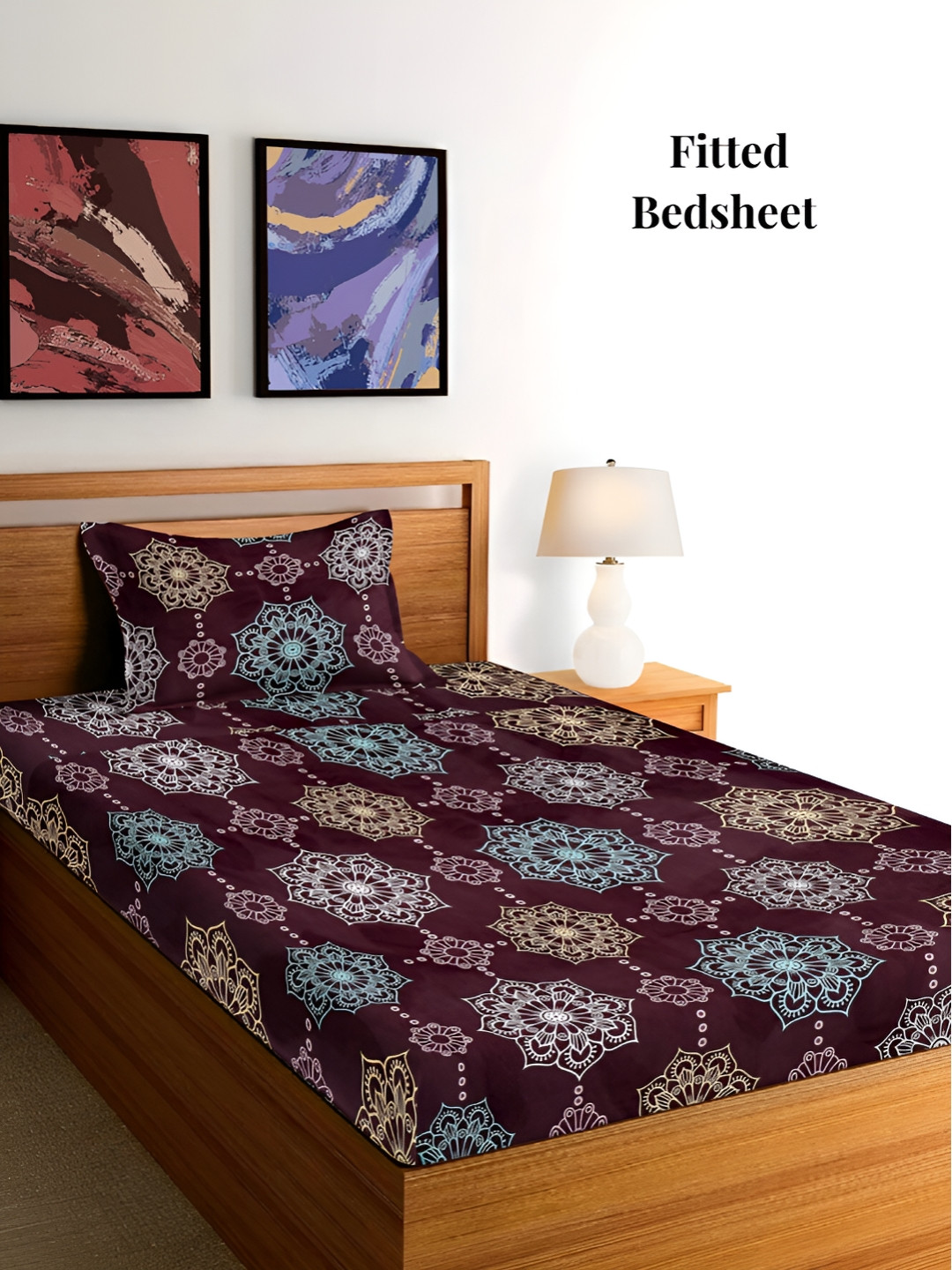 Arrabi Violet Ethnic Motifs Cotton Skin-Friendly 300 TC Fitted Single Fine Bedsheet with a Pillow Cover-85 x 59 inches
