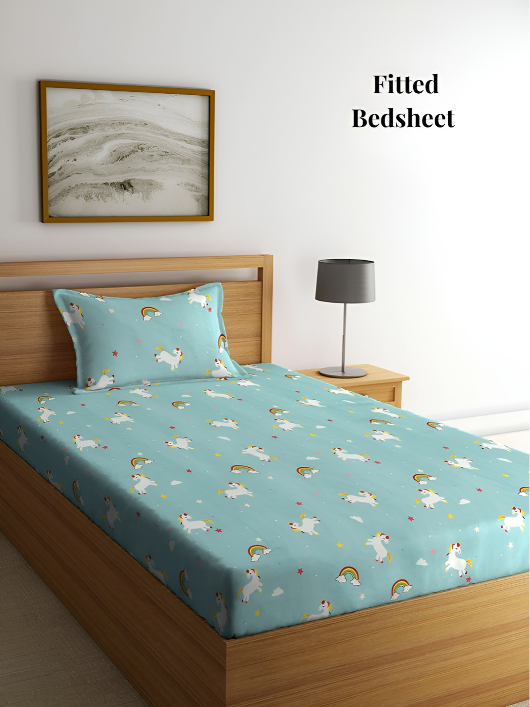 Arrabi Blue Cartoon Characters Cotton Skin-Friendly 300 TC Fitted Single Fine Bedsheet with a Pillow Cover-98 x 85 inches