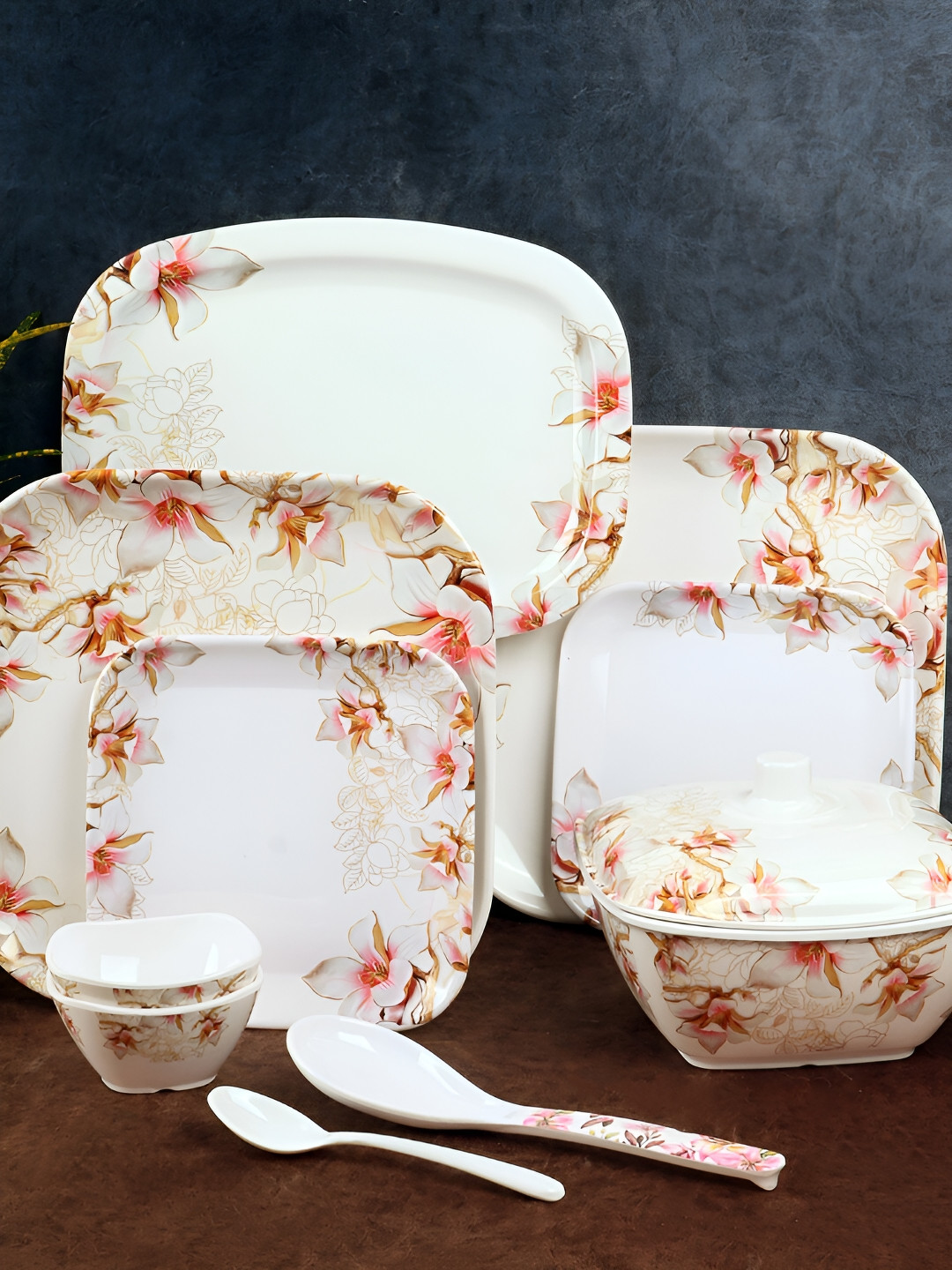 Aura White Floral Melamine Easy to Clean 40 Piece Dinner Set