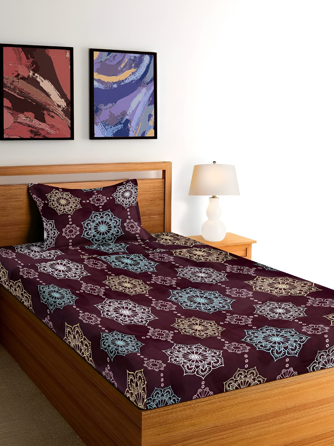 Arrabi Violet Ethnic Motifs Polycotton Skin-Friendly 300 TC Single Fine Bedsheet with a Pillow Cover-85 x 59 inches