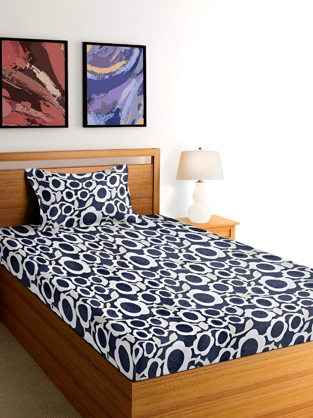 Arrabi Pindrop Grey Floral Polycotton 300 TC Single Fine Bedsheet with a Pillow Cover-85 x 59 inches