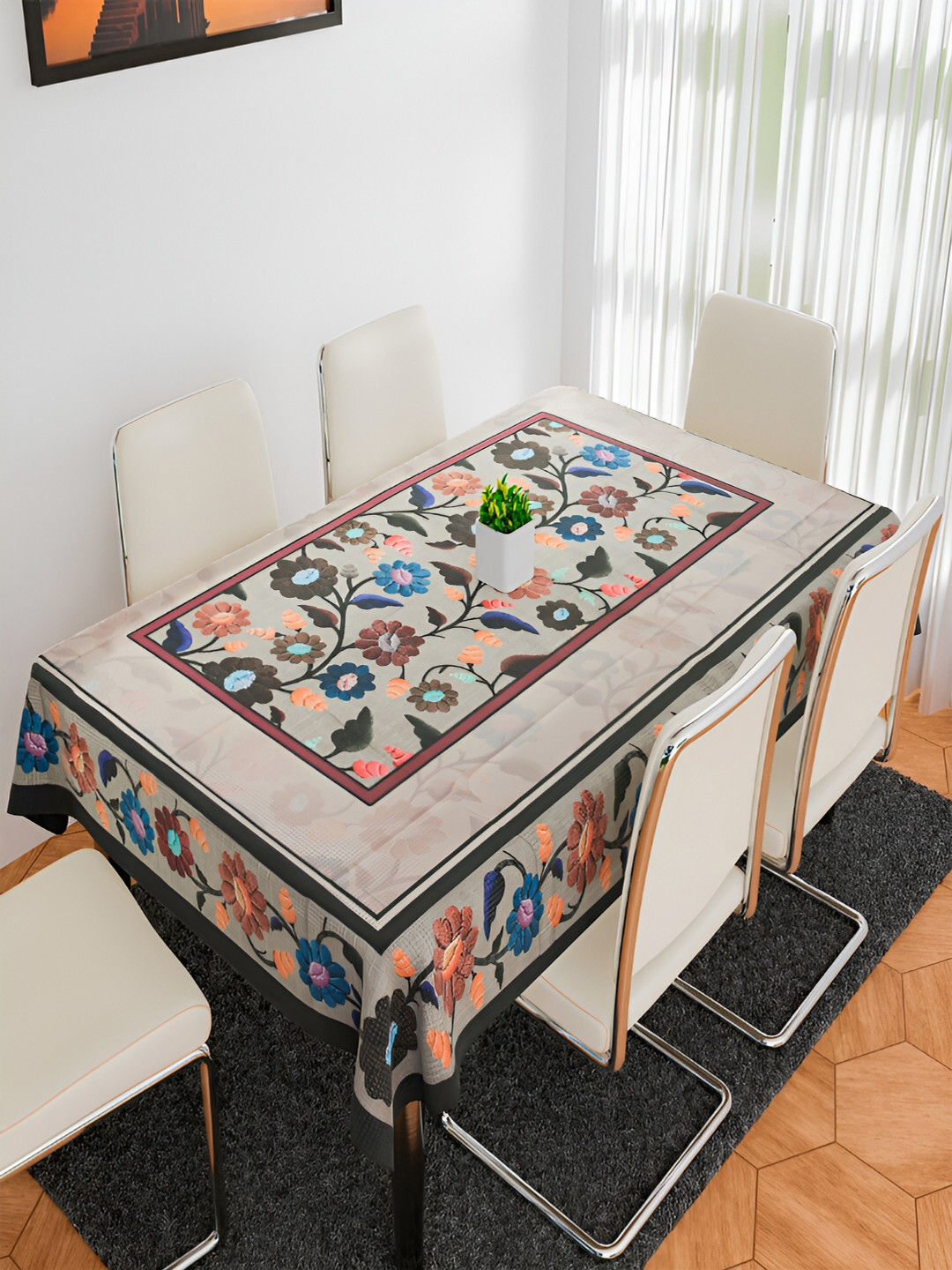 Kuber Industries Cream & Back Floral Printed Waterproof Cotton 6 Seater Table Cover