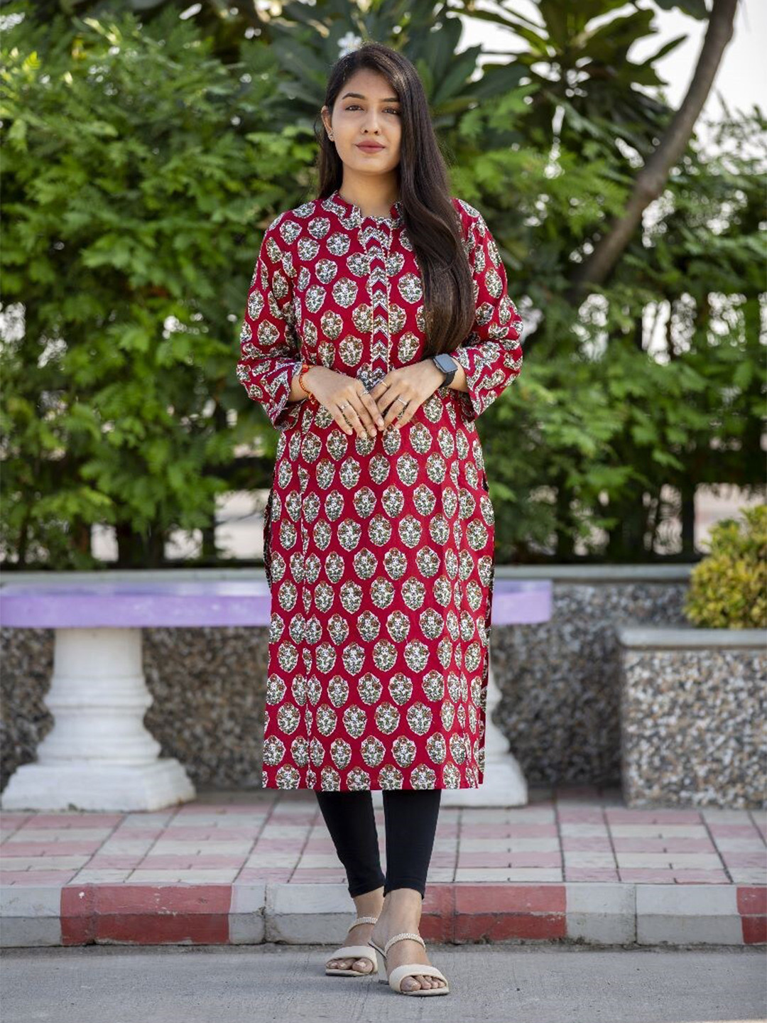 THE VASILIKI Floral Printed Pure Cotton Mandarin Collar Kurta