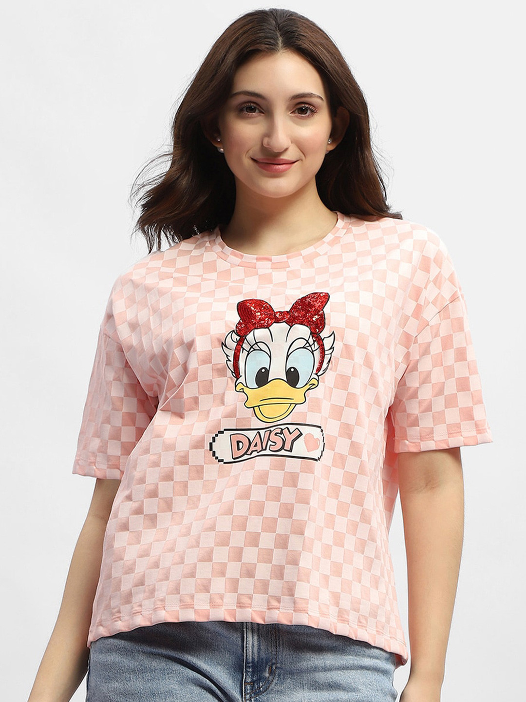 Madame Daisy Duck Cartoon Printed Checked Drop Shoulder Cotton Top