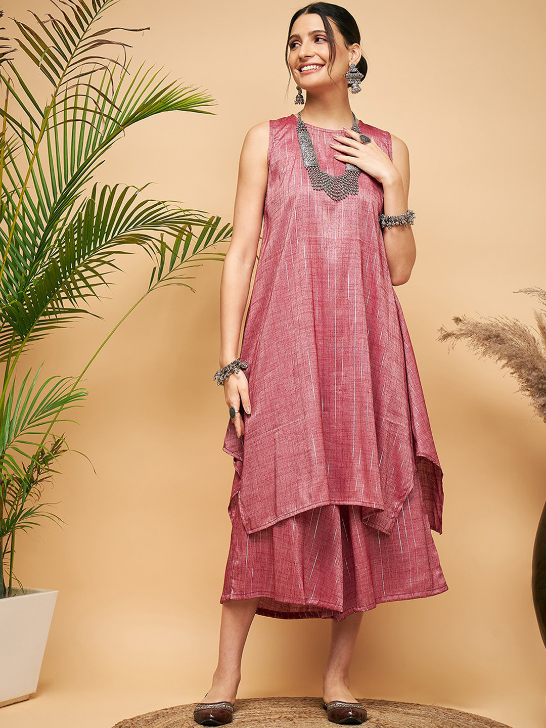InWeave Striped Round Neck Sleeveless A-Line Kurta