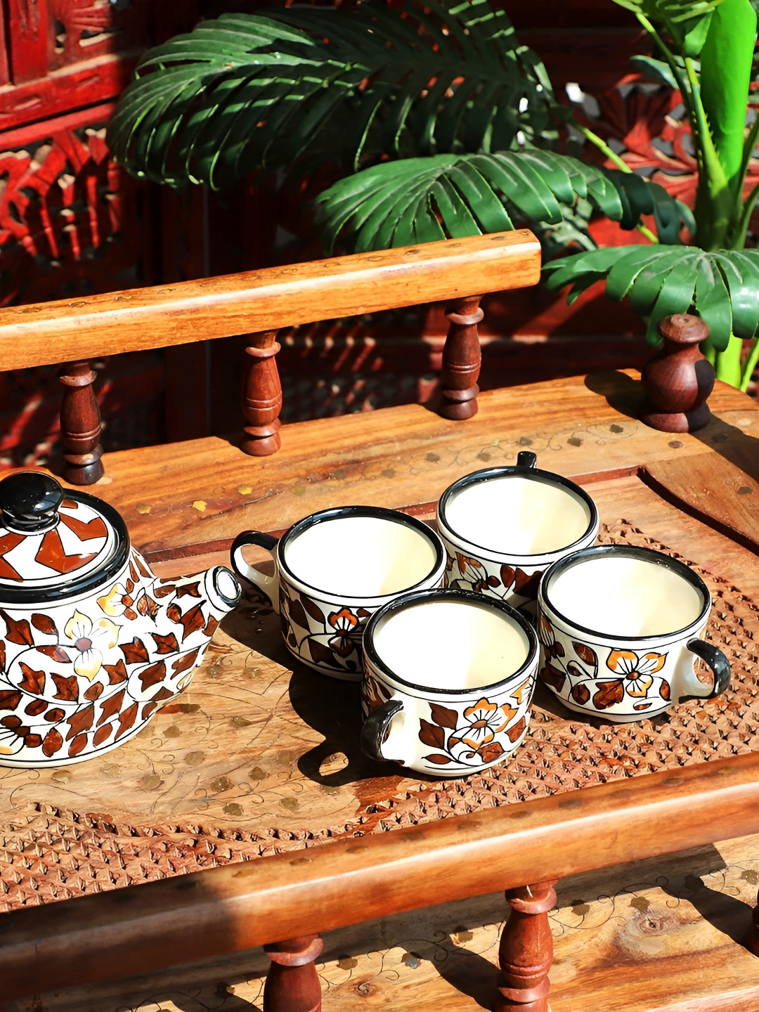 INDIA MEETS INDIA Only You Forever Love Brown Floral Ceramic Microwave Safe 5 Piece Kettle Set-100ml