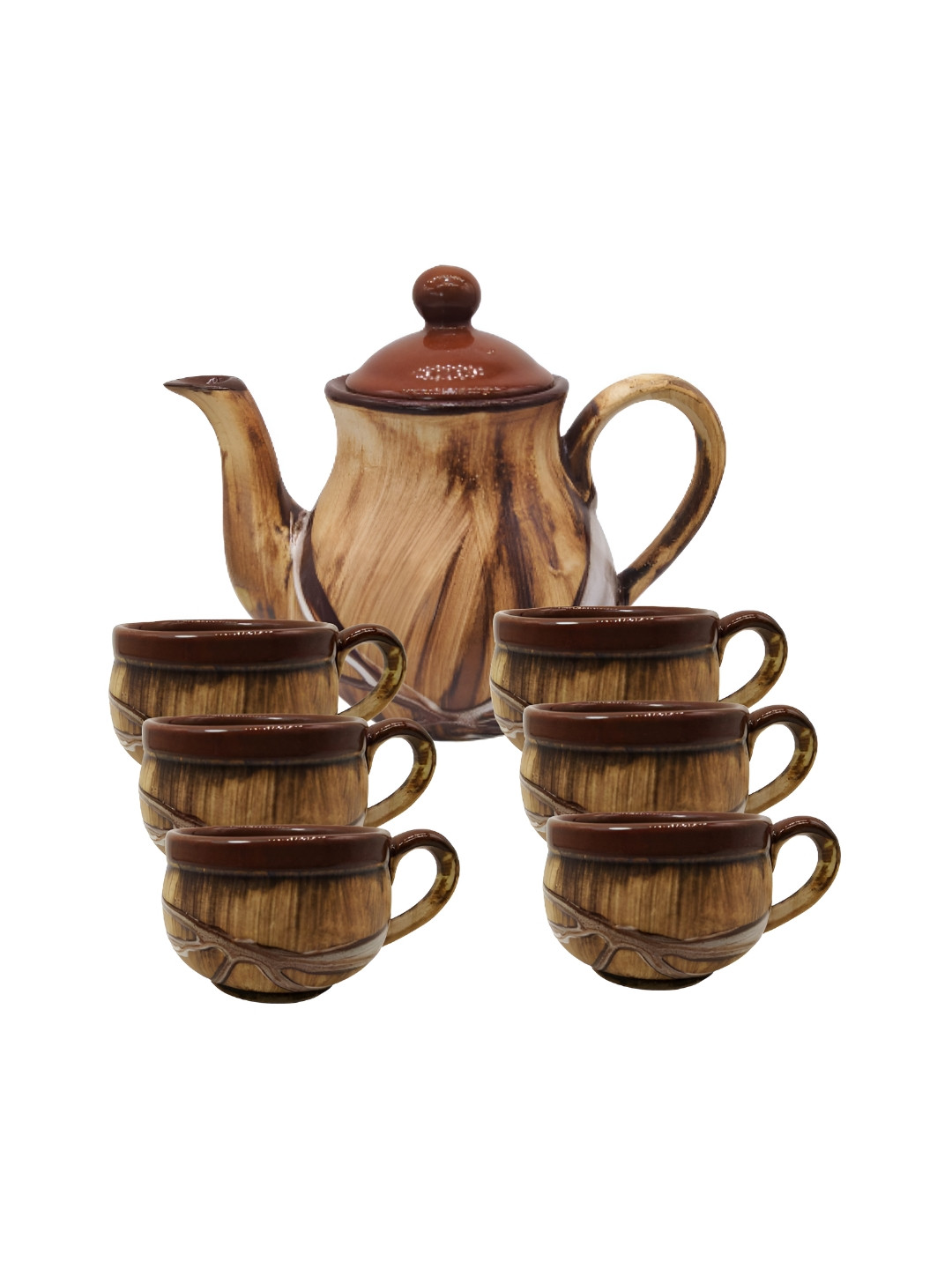 INDIA MEETS INDIA Brown Textured Ceramic Microwave Safe 6 Piece Cup with Kettle-100ml