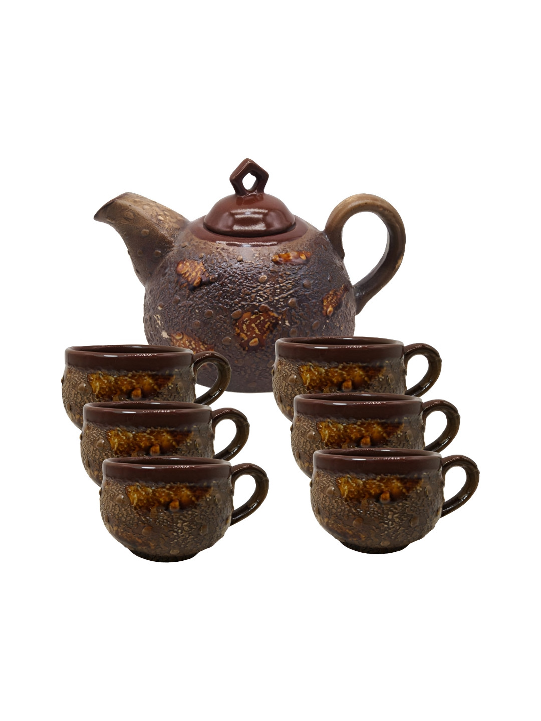 INDIA MEETS INDIA Valentine Day Brown Ethnic Motifs Ceramic Handmade 7 Piece Kettle Set-600ml