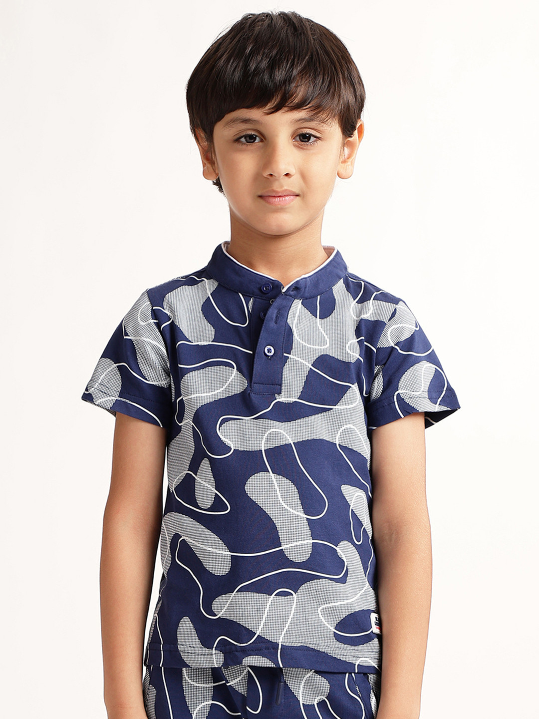 Blue Giraffe Boys Printed Mandarin Collar Short Sleeves Cotton T-shirt