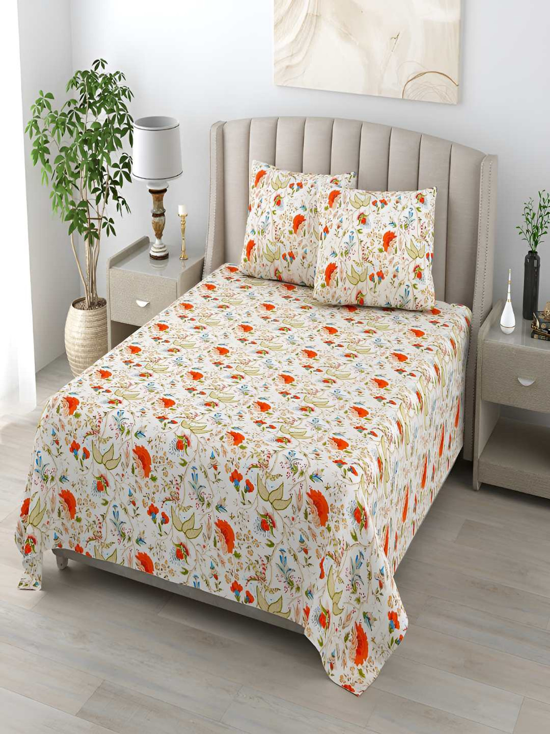 tundwal's Orange Floral Cotton 210 TC King Fine Bedsheet with 2 Pillow Covers-106 x 98 inches