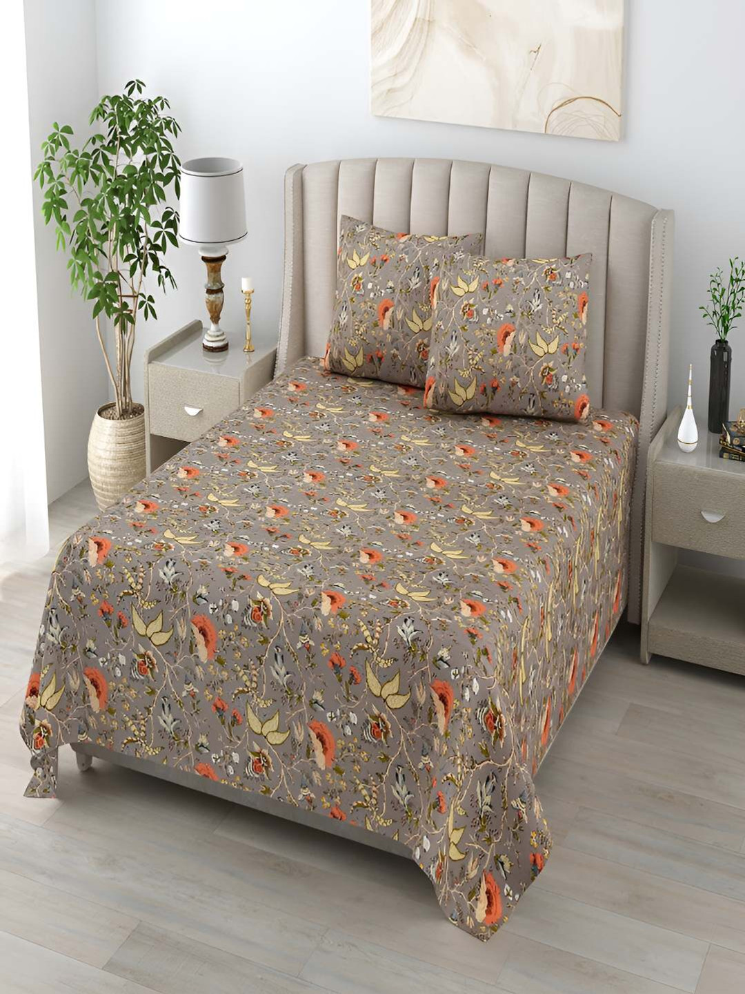 tundwal's Jaipuri Khaki Floral Cotton 210 TC King Fine Bedsheet with 2 Pillow Covers-106 x 98 inches