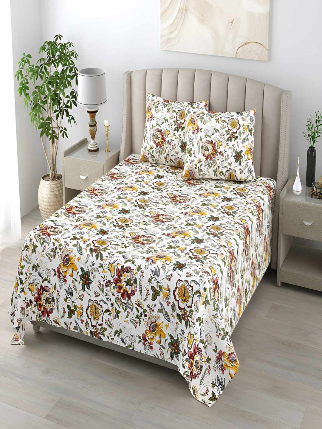 tundwal's Lounge Fur Yellow Floral Cotton 210 TC Queen Fine Bedsheet with 2 Pillow Covers-250 x 220 cm