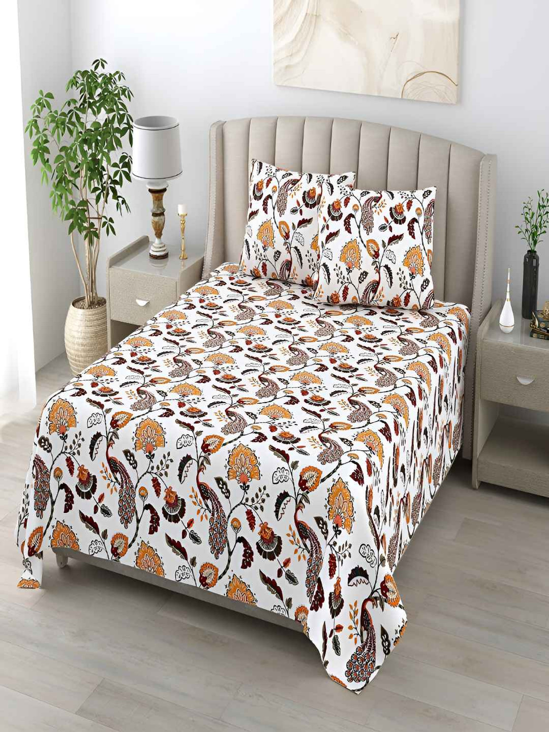 tundwal's Orange Floral Cotton 210 TC King Fine Bedsheet with 2 Pillow Covers-106 x 98 inches