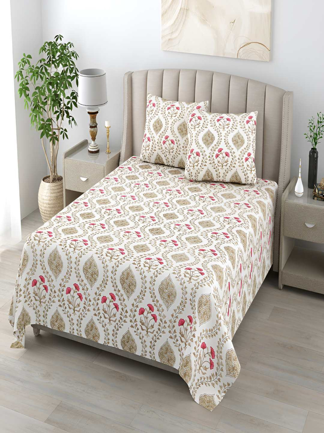 tundwal's Lime Green Floral Cotton 210 TC King Fine Bedsheet with 2 Pillow Covers-106 x 98 inches