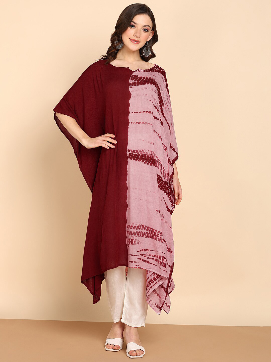 Maaesa Print Tie & Dye Dyed Batwing Sleeve Crepe Kaftan Midi Dress