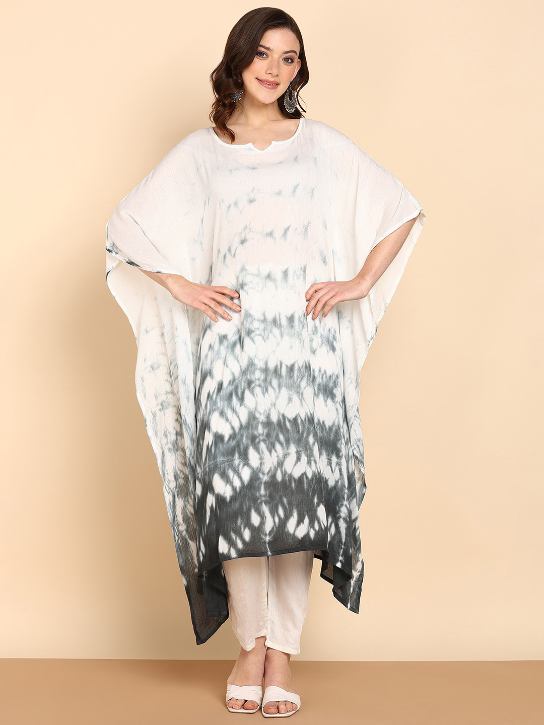 Maaesa Print Tie & Dye Dyed Batwing Sleeve Crepe Kaftan Midi Dress