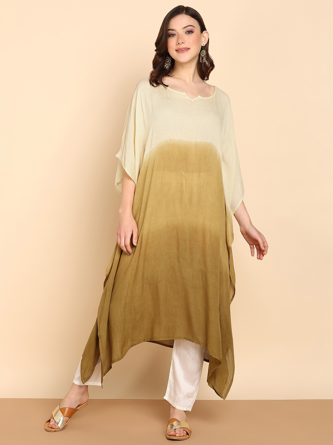 Maaesa Tie & Dye Dyed Batwing Sleeve Crepe Kaftan Midi Dress