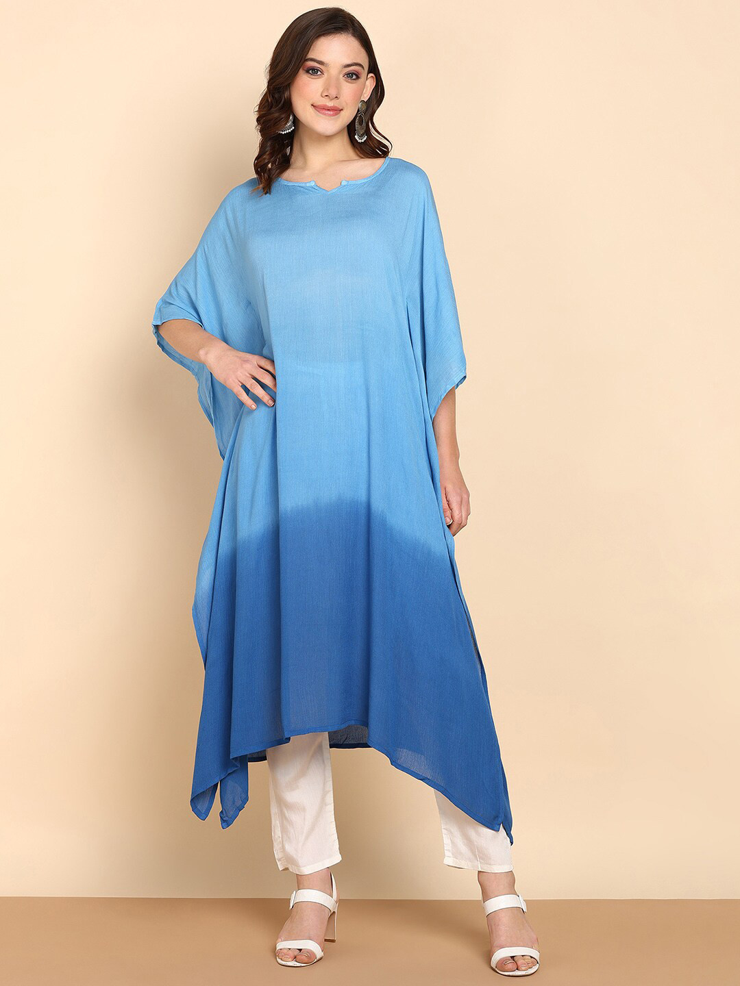 Maaesa Tie & Dye Dyed Batwing Sleeve Crepe Kaftan Midi Dress