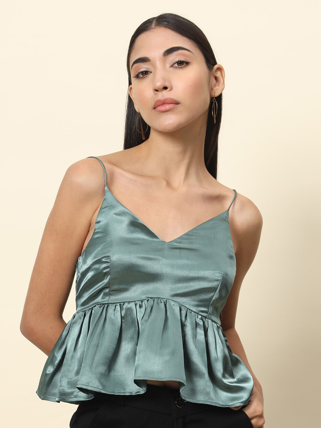 Green Satin V-Neck Sleeveless Peplum Top