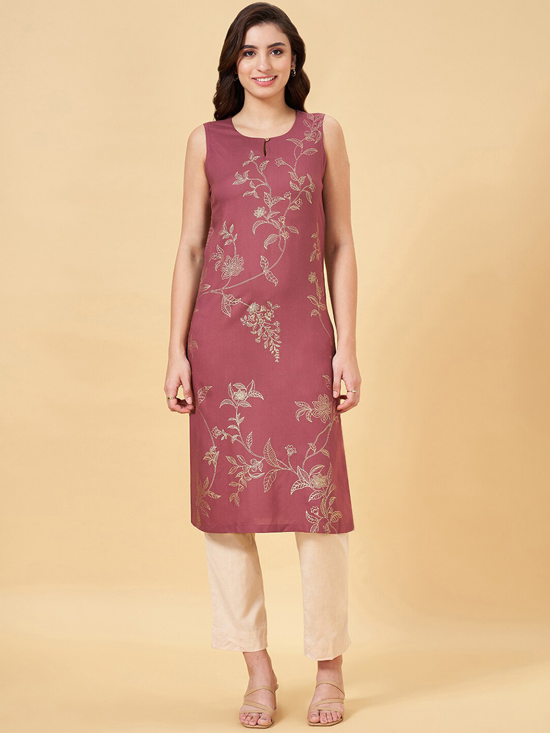 RANGMANCH BY PANTALOONS Floral Printed Keyhole Neck Straight Kurta