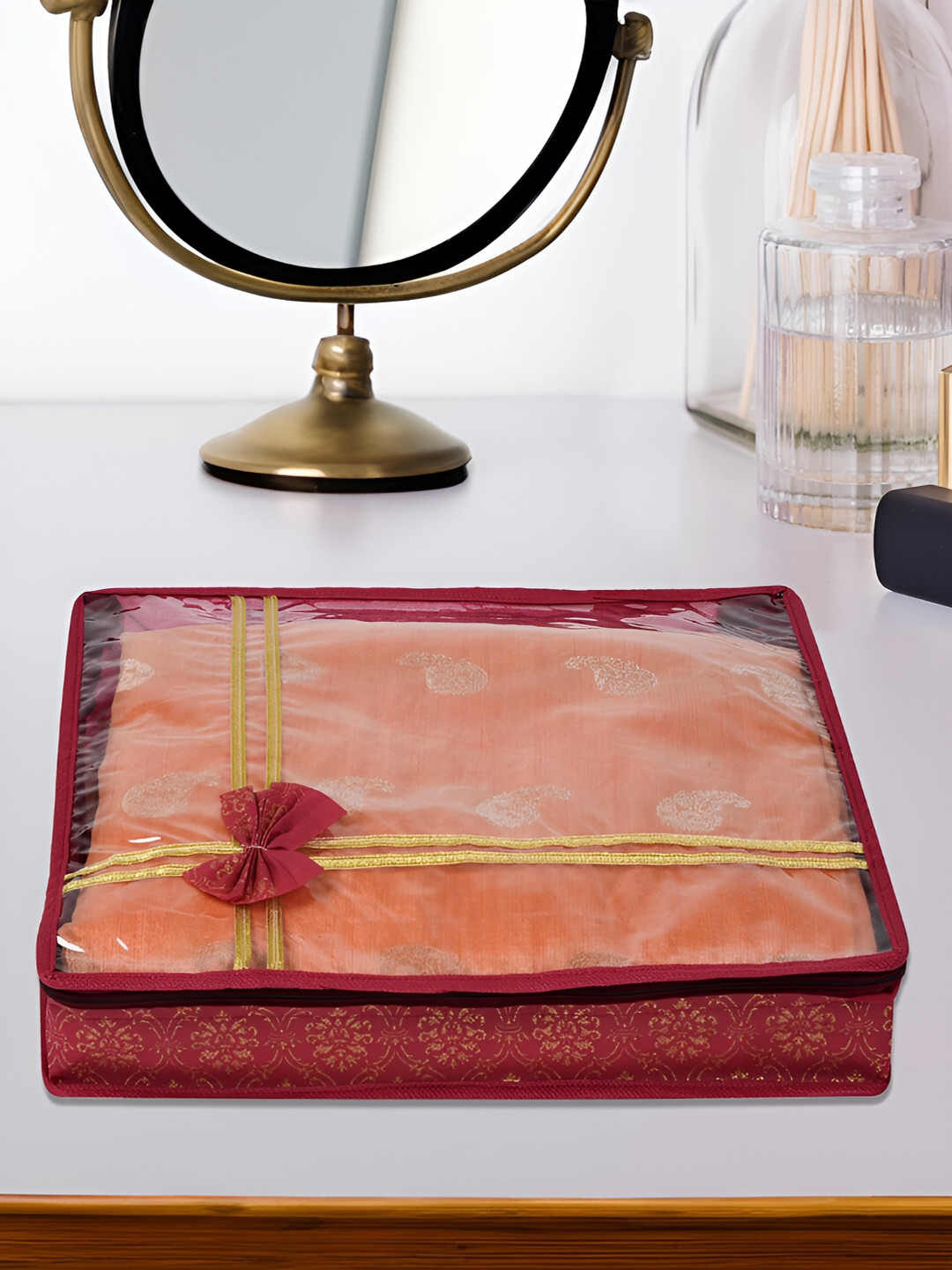 Kuber Industries Maroon 12 Pieces Printed Top Visible Window Saree Storage Bag Organisers