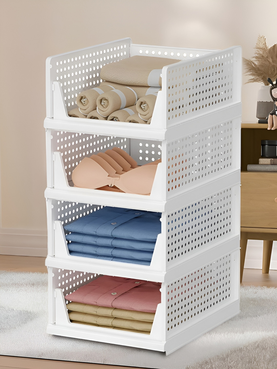 Kuber Industries White 4 Pcs Multi-Utility Shirt Stacker Storage Organizer for clothes