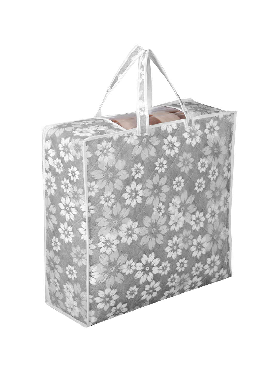 Kuber Industries Grey Flower Printed Quilted Blanket Cover Organiser