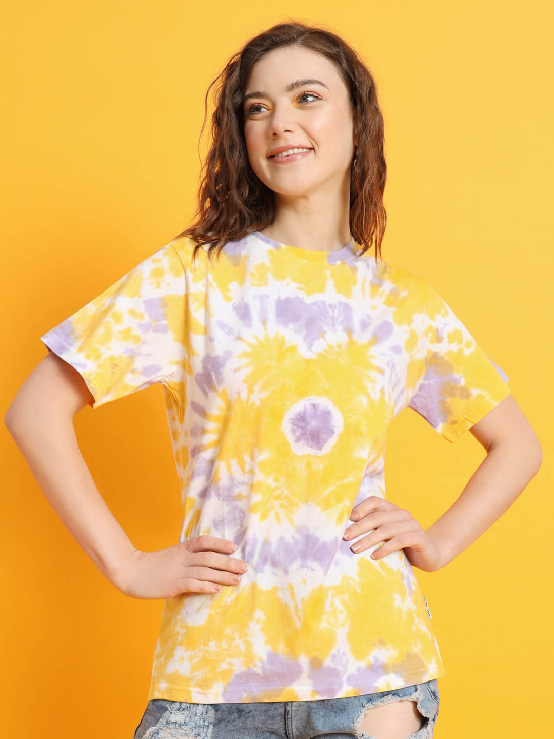 Yellow & White Tie And Dye Round Neck T-shirt