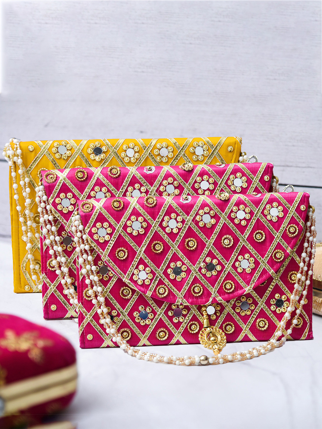 Kuber Industries Pack of 3 Embroidered Envelope Clutch With Mirror Work
