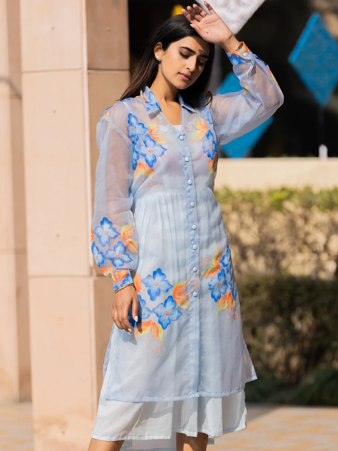 Ambraee Floral Print Puff Sleeve Organza Shirt Midi Dress