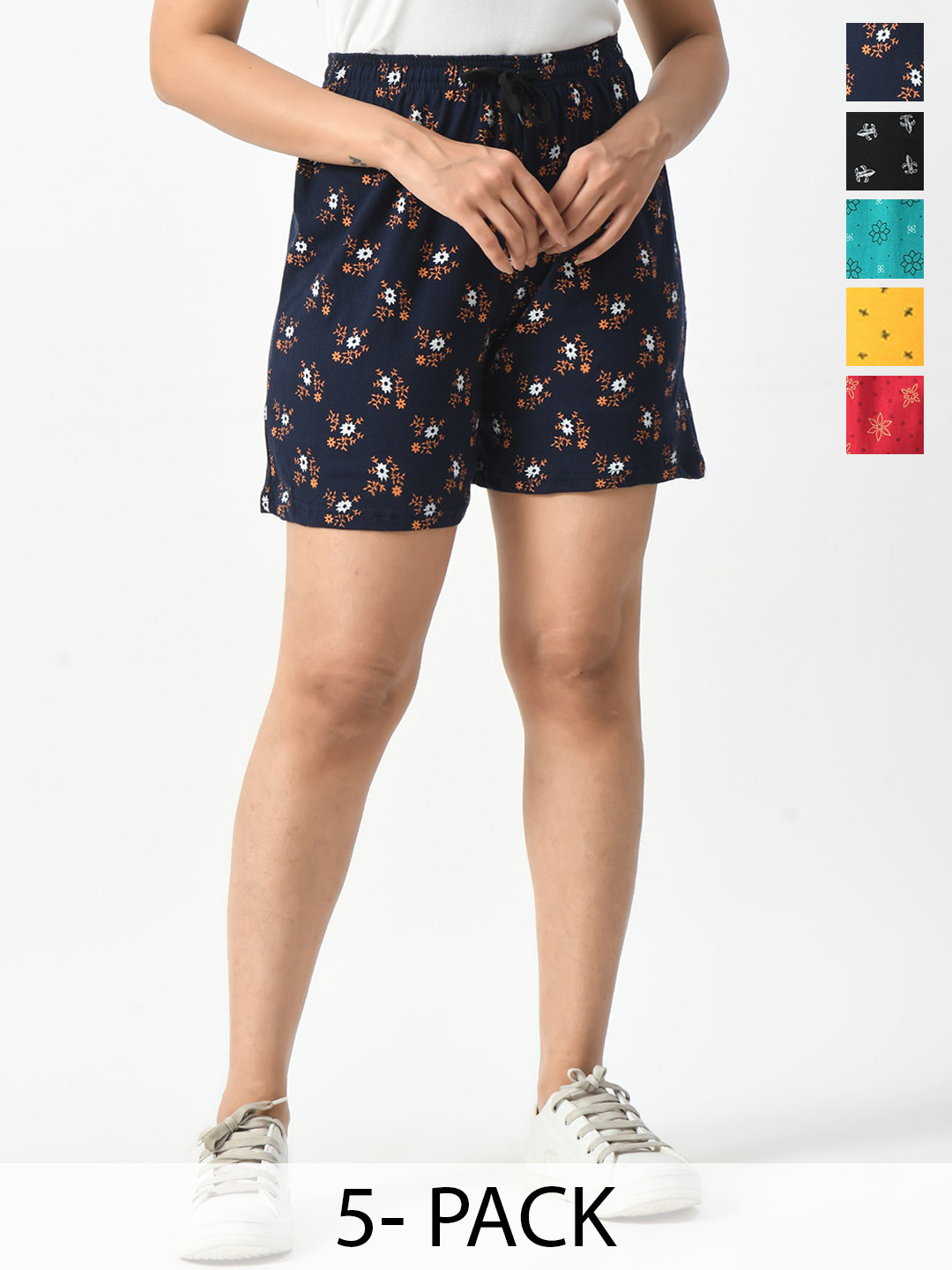 BAESD Women Pack Of 5 Printed High-Rise Pure Cotton Shorts