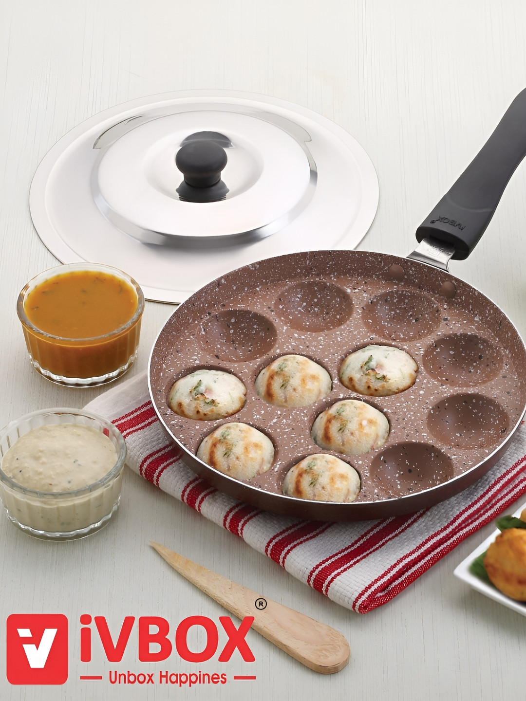 iVBOX Black & Steel Non-Stick 12 Cavity Appam Patra With Lid