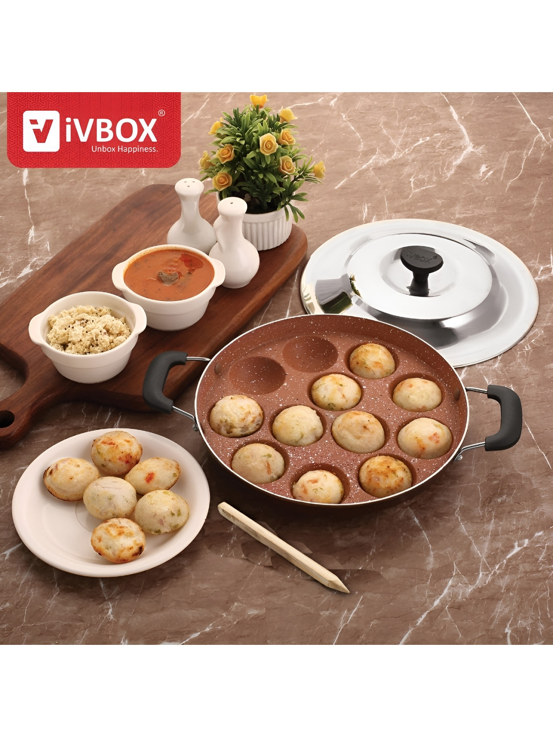 iVBOX Black & Steel Non-Stick 12 Cavity Heavy Base Appam Patra With Lid