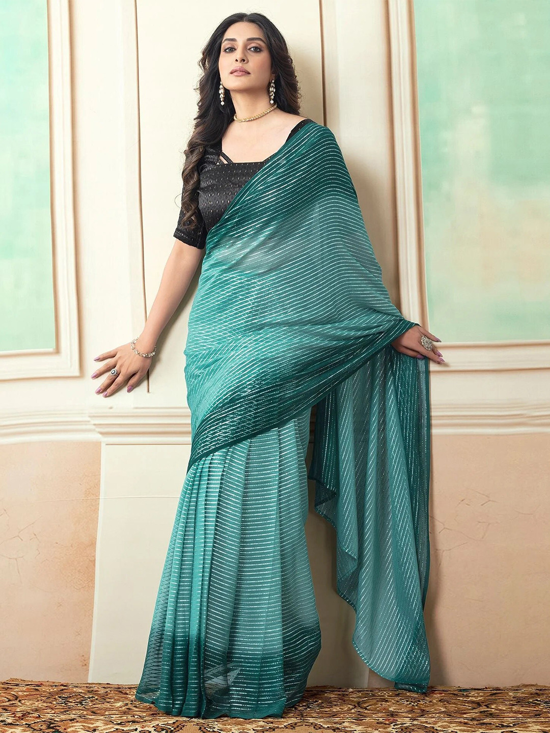 Riddhi Textile Hub Striped Ready to Wear Pure Georgette Saree