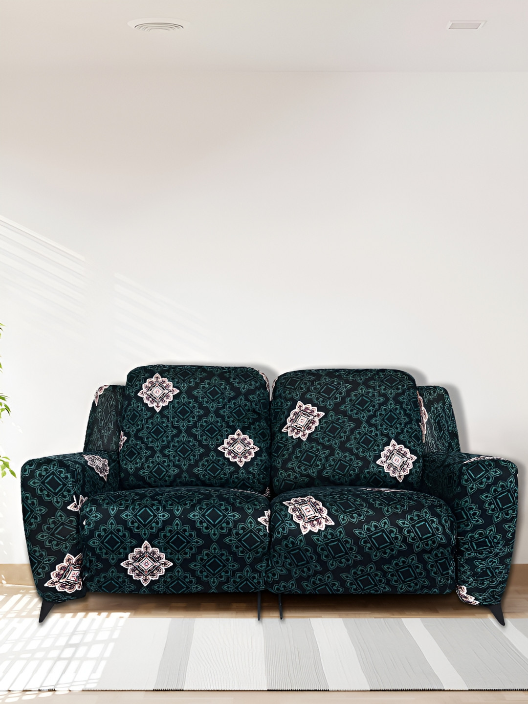 HOUSE OF QUIRK Recliner 2-Seater Green Printed Polyester Sofa Cover with Arms