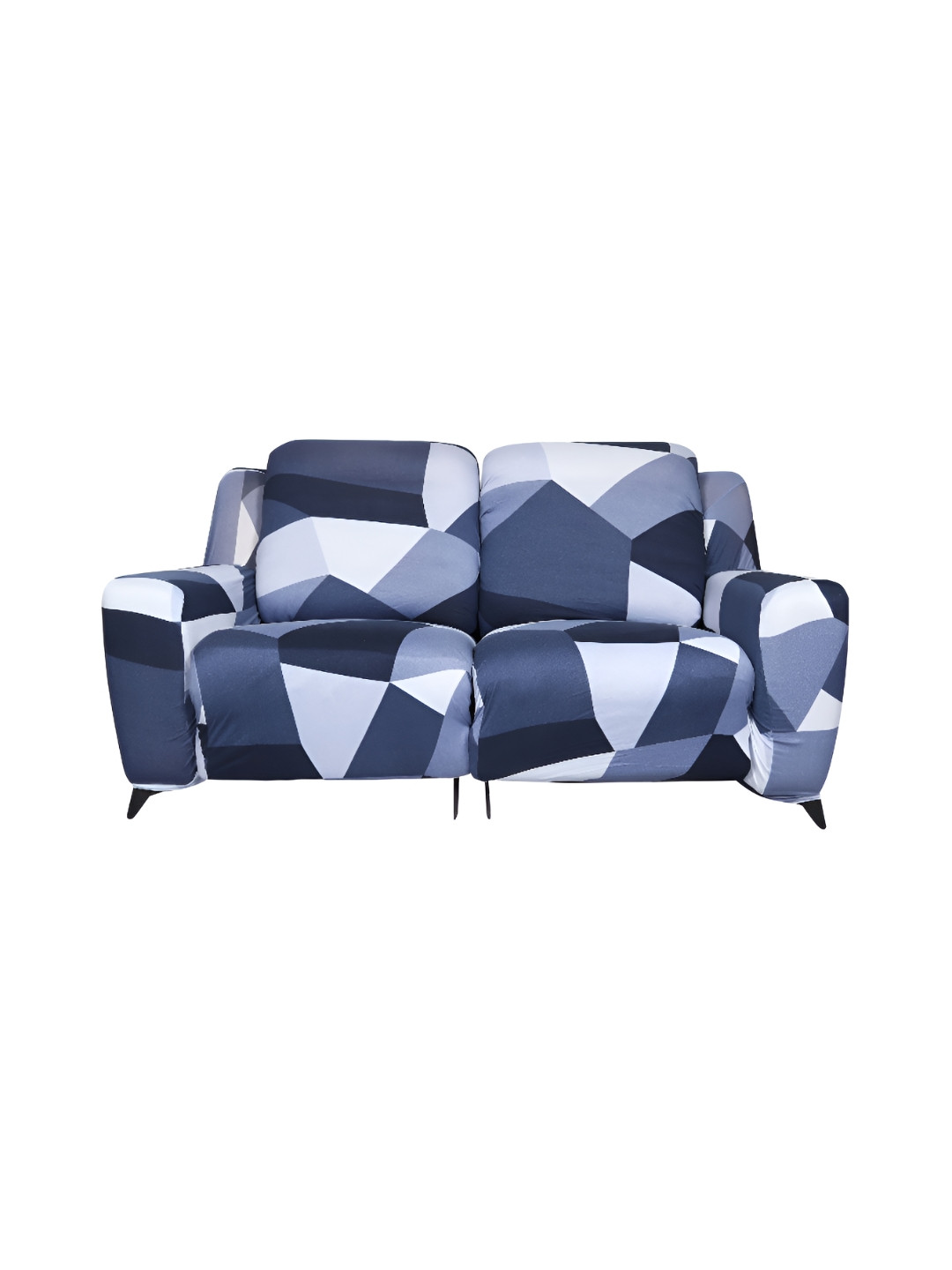 HOUSE OF QUIRK Recliner 2 Seater Grey & Blue Printed Polyester Sofa Cover With Arms