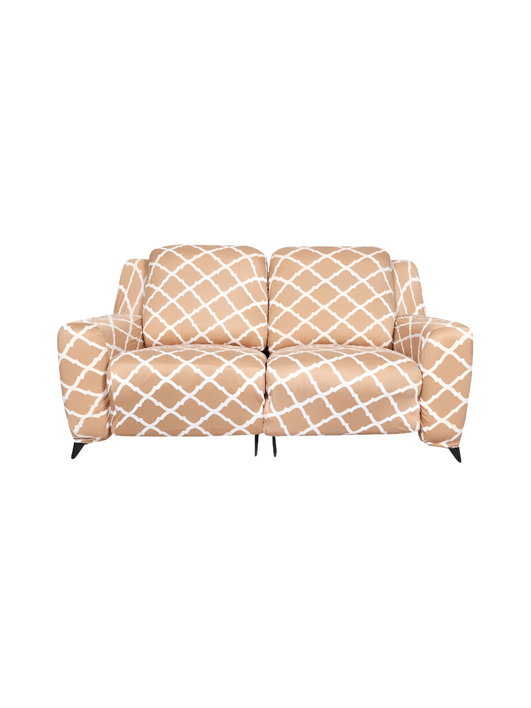 HOUSE OF QUIRK Recliner 2 Seater Beige & White Printed Polyester Sofa Cover With Arms