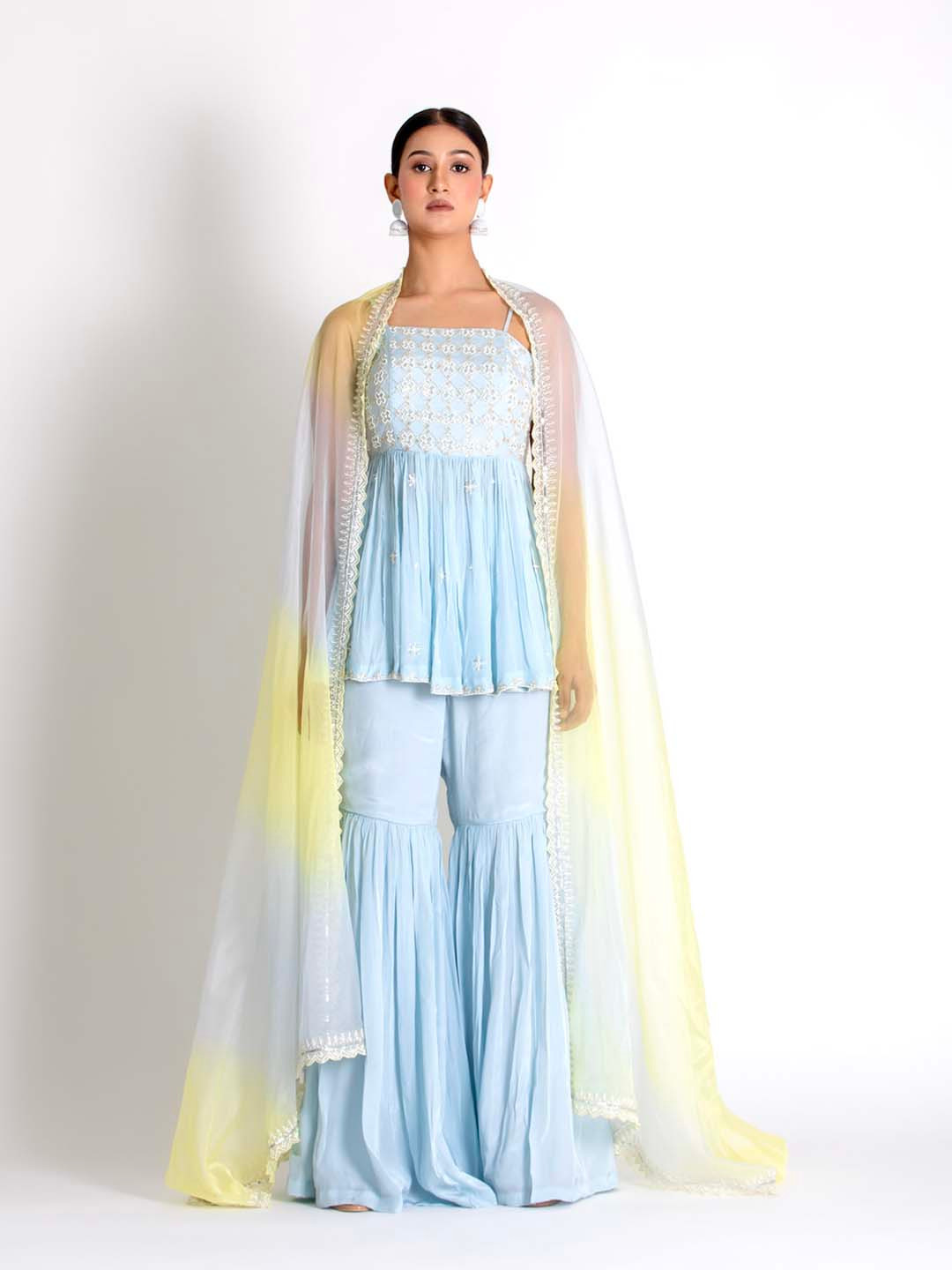 Bee Boe Floral Embroidered Regular Thread Work Silk Chiffon Top With Sharara & Dupatta