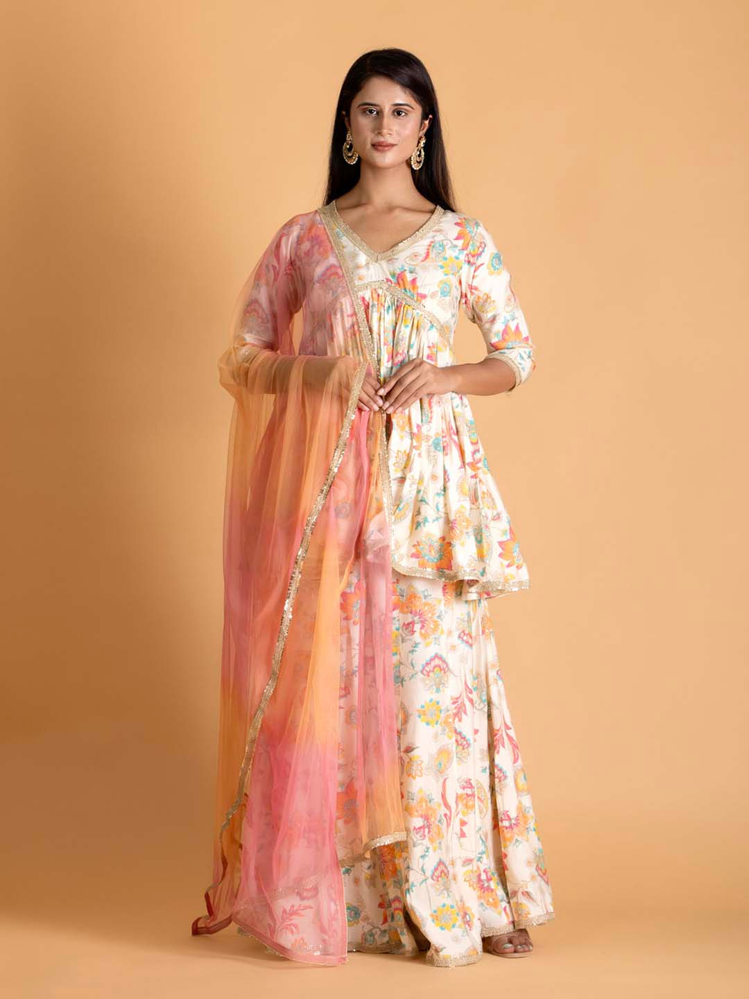 Bee Boe Ethnic Motifs Printed Pleated Gotta Patti A-Line Kurti with Sharara & Dupatta