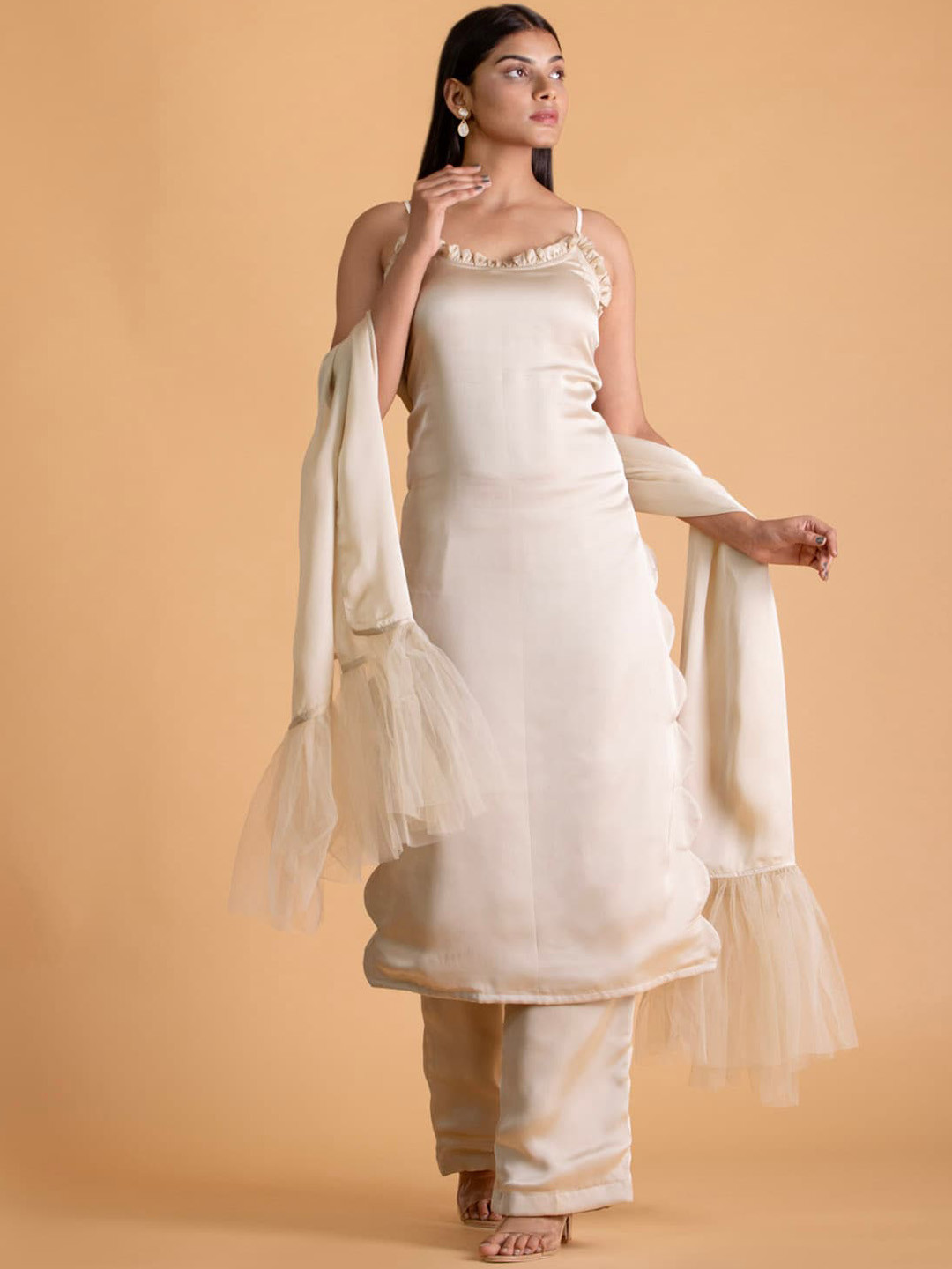 Bee Boe Shoulder Straps Satin Straight Kurta & Trouser With Dupatta