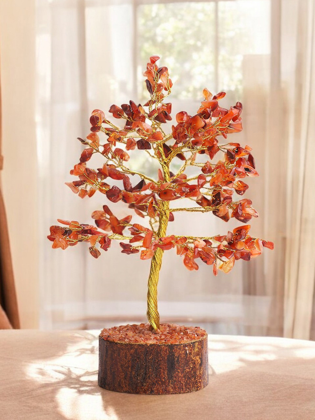 Shubhanjali Red Carnelian Tree 300 Chips Red Stone Glossy Living Room Medium Showpiece - 10 Inches
